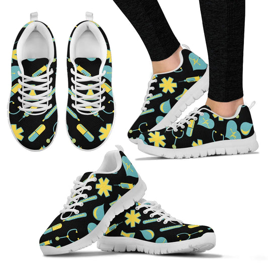 Women's Black Mesh Nurse Sneakers 2 With Yellow-Teal Medical Motif