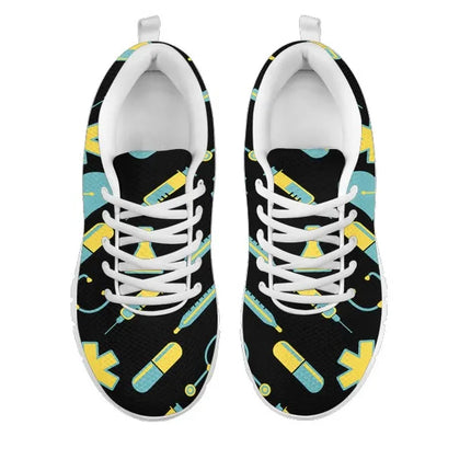 Zapatillas de malla negras para mujer con motivo médico amarillo y verde azulado