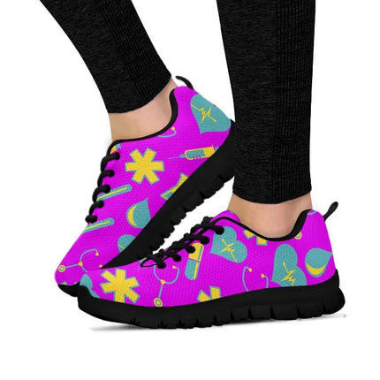 Sneakers da donna fucsia in mesh modello Nurse 2 con motivo medico giallo-turchese