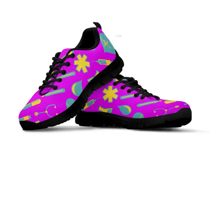 Sneakers da donna fucsia in mesh modello Nurse 2 con motivo medico giallo-turchese