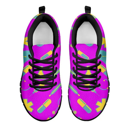 Sneakers da donna fucsia in mesh modello Nurse 2 con motivo medico giallo-turchese