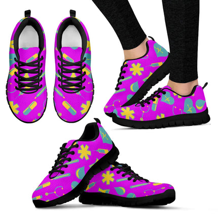 Sneakers da donna fucsia in mesh modello Nurse 2 con motivo medico giallo-turchese