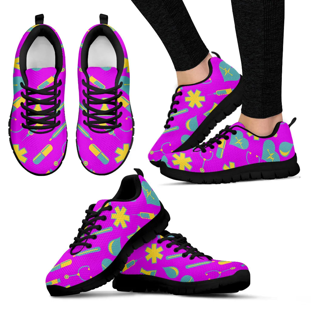 Women's Fuchsia Mesh Nurse Sneakers 2 With Yellow-Teal Medical Motif