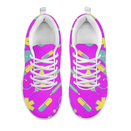Sneakers da donna fucsia in mesh modello Nurse 2 con motivo medico giallo-turchese