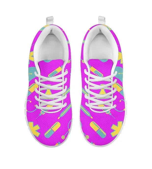 Women's Fuchsia Mesh Nurse Sneakers 2 With Yellow-Teal Medical Motif